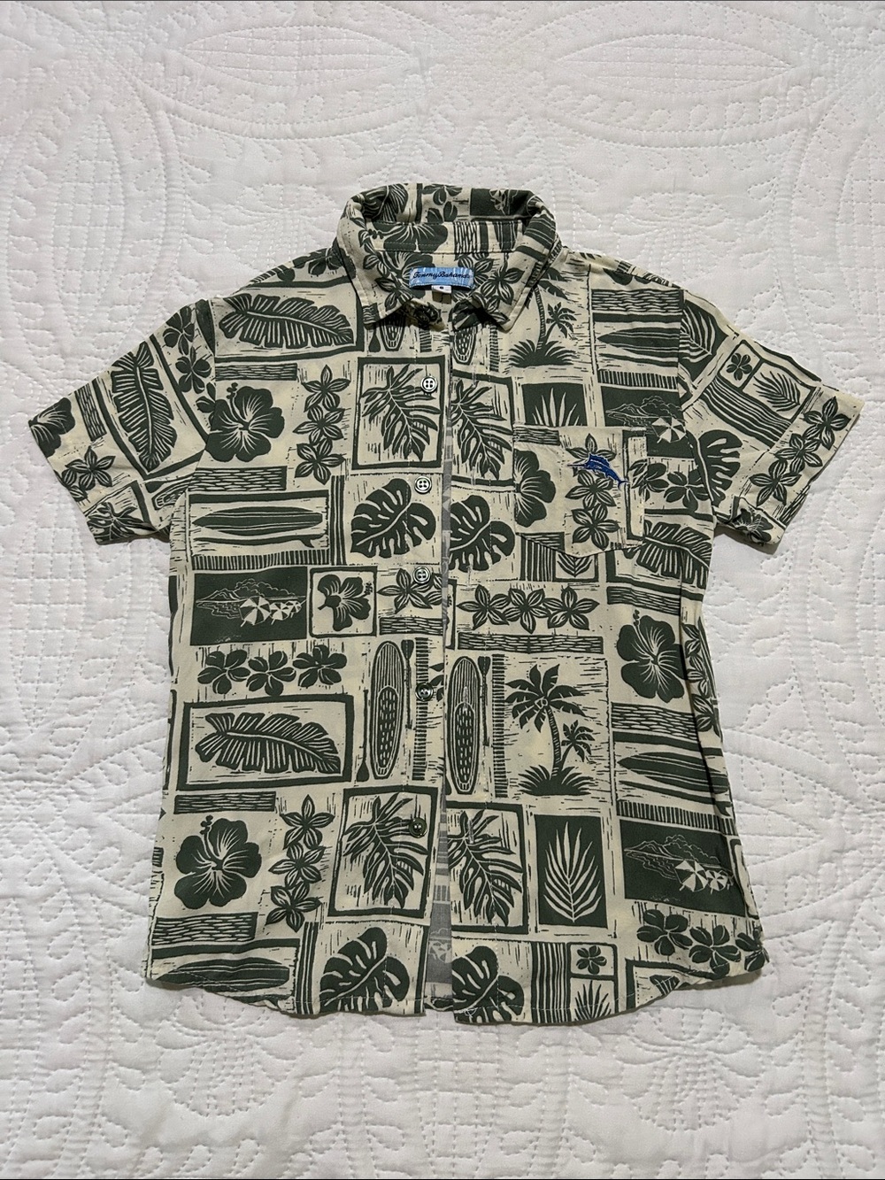 Tommy Bahama Kids Green and Cream Tropical Patchwork Button-Down Shirt Sz: 6